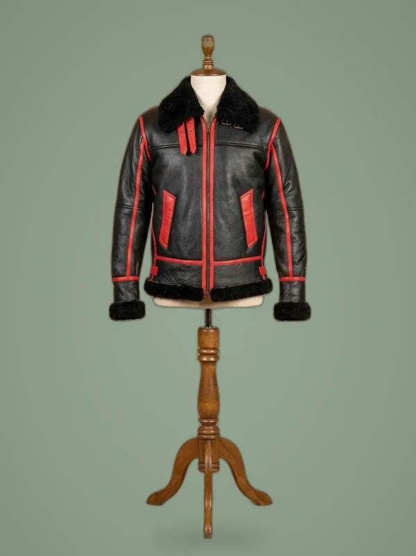 Men’s RAF Aviator Bomber Real Shearling Sheepskin Black and Red Leather Jacket, front view