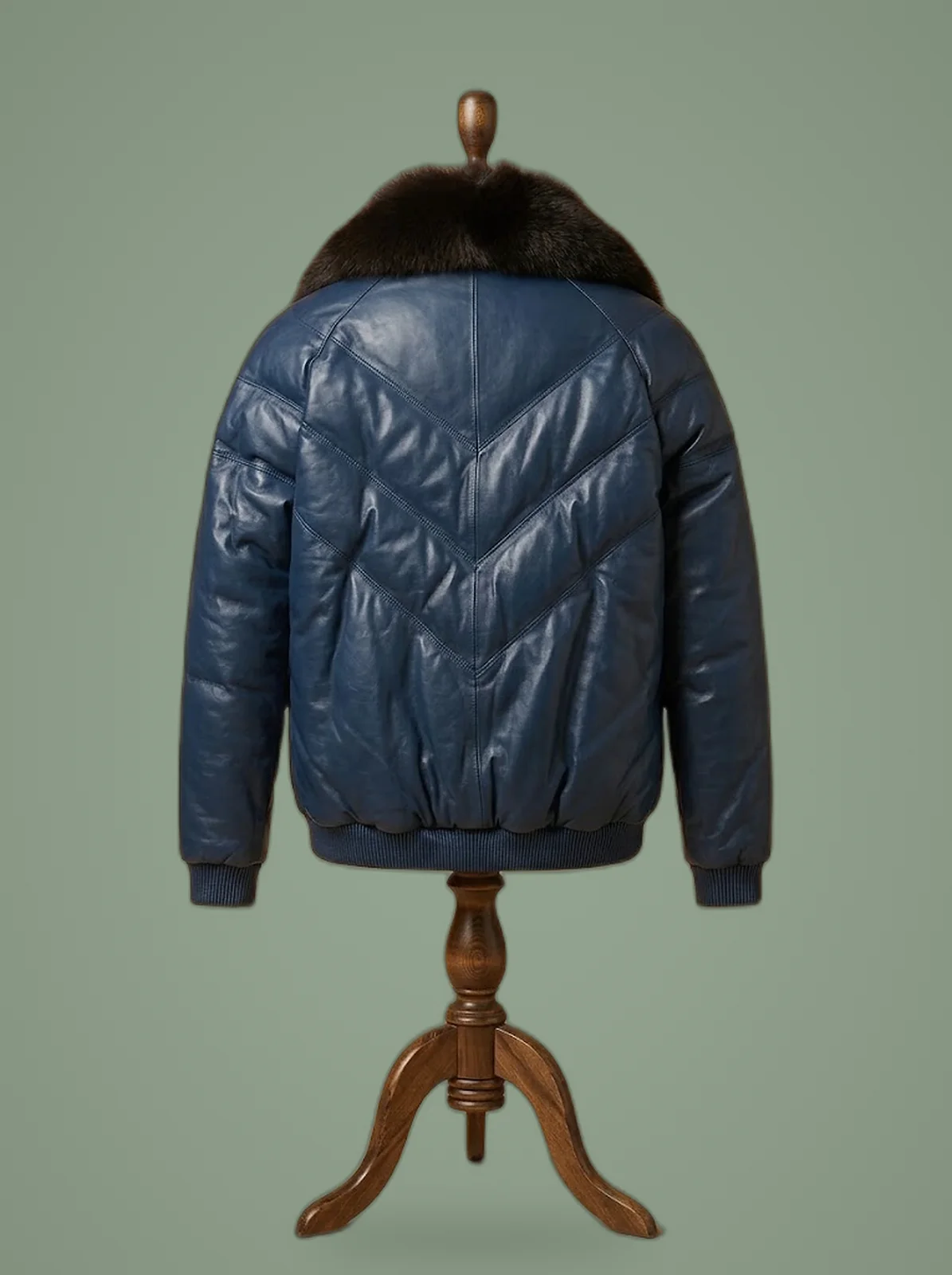 Men’s V-Bomber Sheep Leather Faux Down Goose Bomber Jacket with Fox Fur Collar, back view