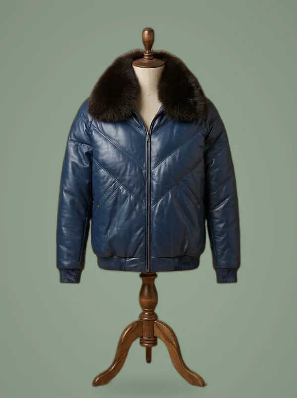 Men’s V-Bomber Sheep Leather Faux Down Goose Bomber Jacket with Fox Fur Collar, front view