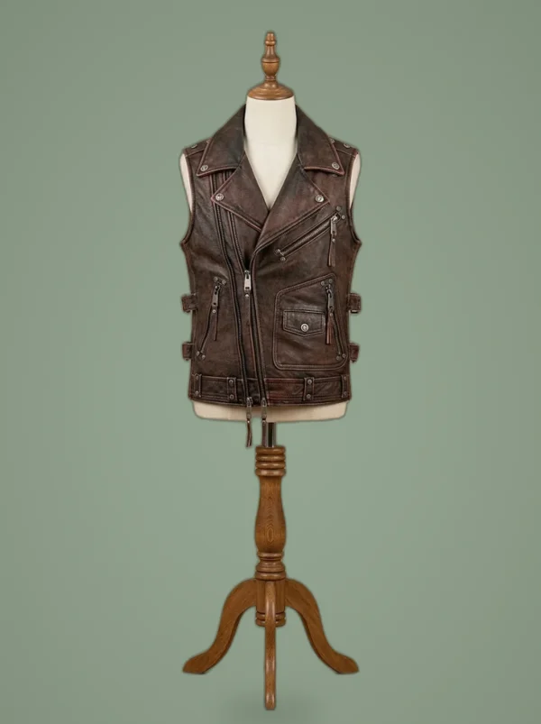 Men’s Vintage Brown Motorcycle Vest Cowhide Riding Sleeveless Jacket, front view