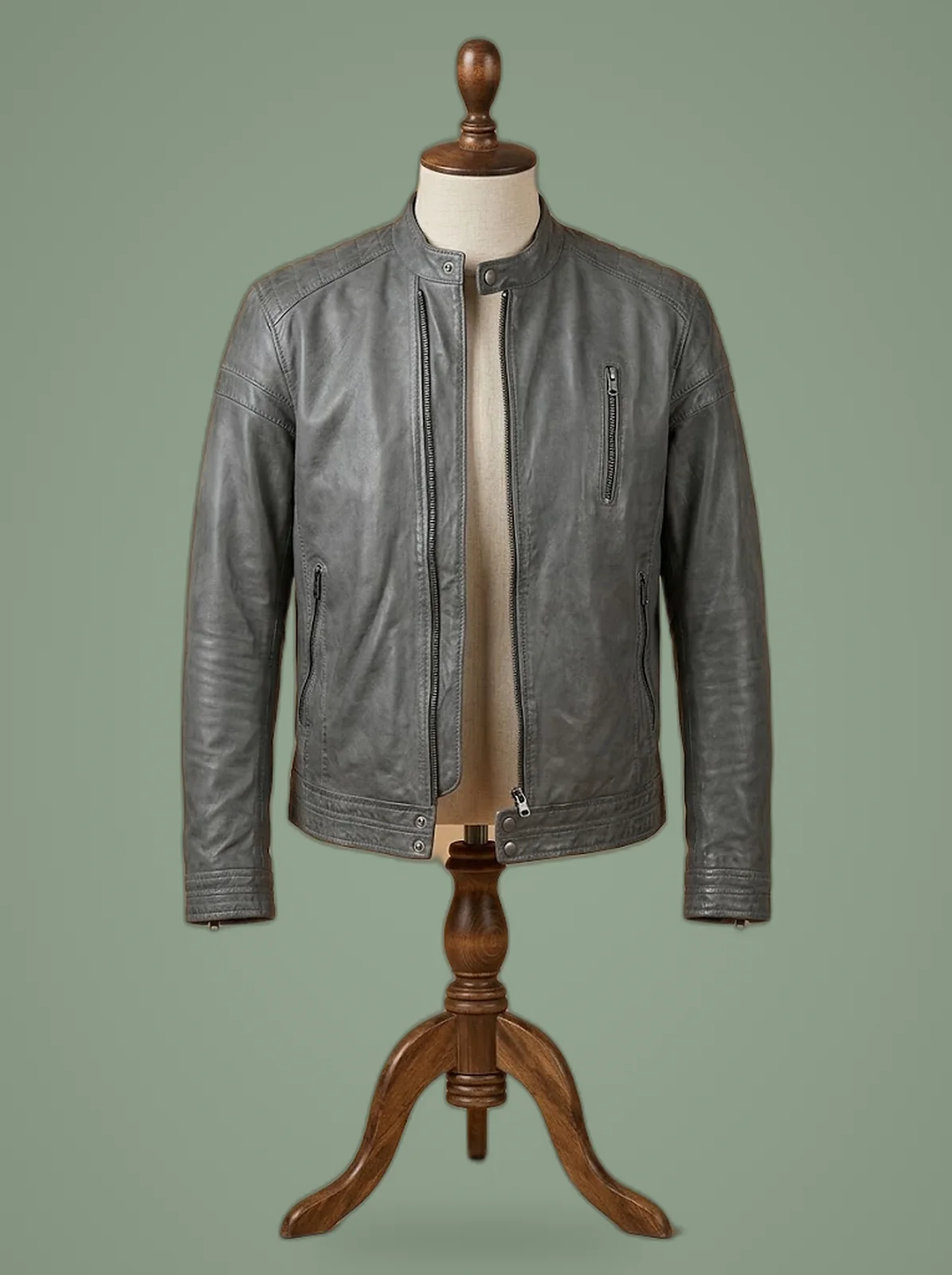 biker real grey leather jacket front view