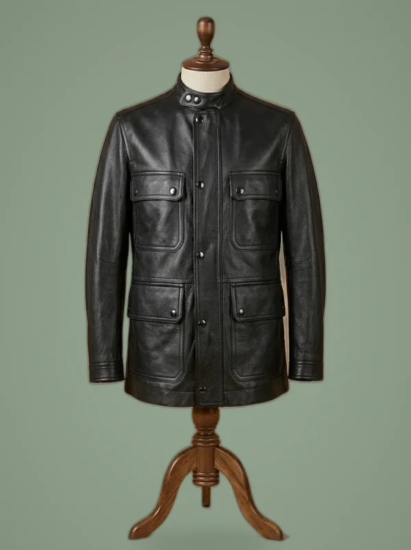 MEN’S VINTAGE SLIM FIT MOTORCYCLE BIKER CAFE RACER GENUINE BLACK LEATHER JACKET, front view