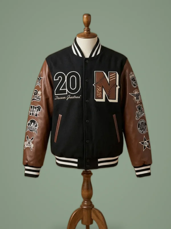 Negro League Baseball S9 Black Varsity Jacket Bomber, front view