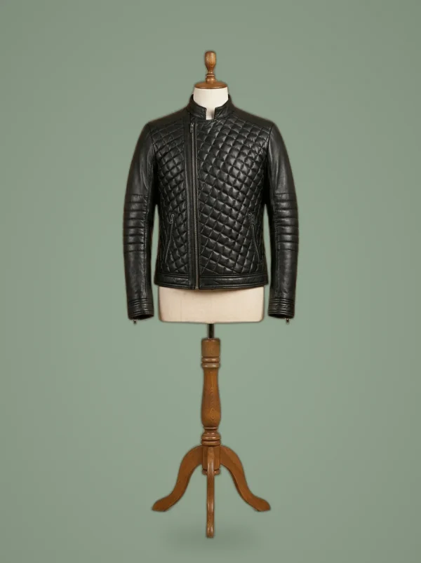 New Men’s Quilted Lambskin Motorcycle Biker Black Leather Jacket, front view