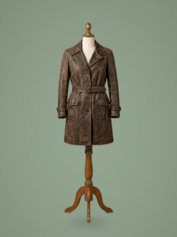 Overlord 2018 Mathilde Ollivier Vintage Distressed Brown Leather Coat, front view