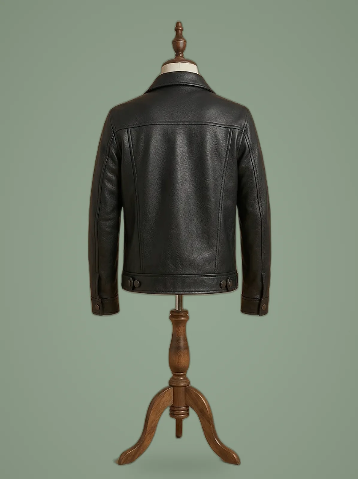 Premium Men’s Genuine Pebbled Black Leather Trucker Jacket, back view