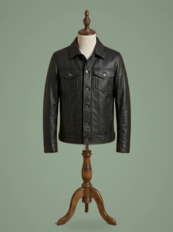 Premium Men’s Genuine Pebbled Black Leather Trucker Jacket, front view