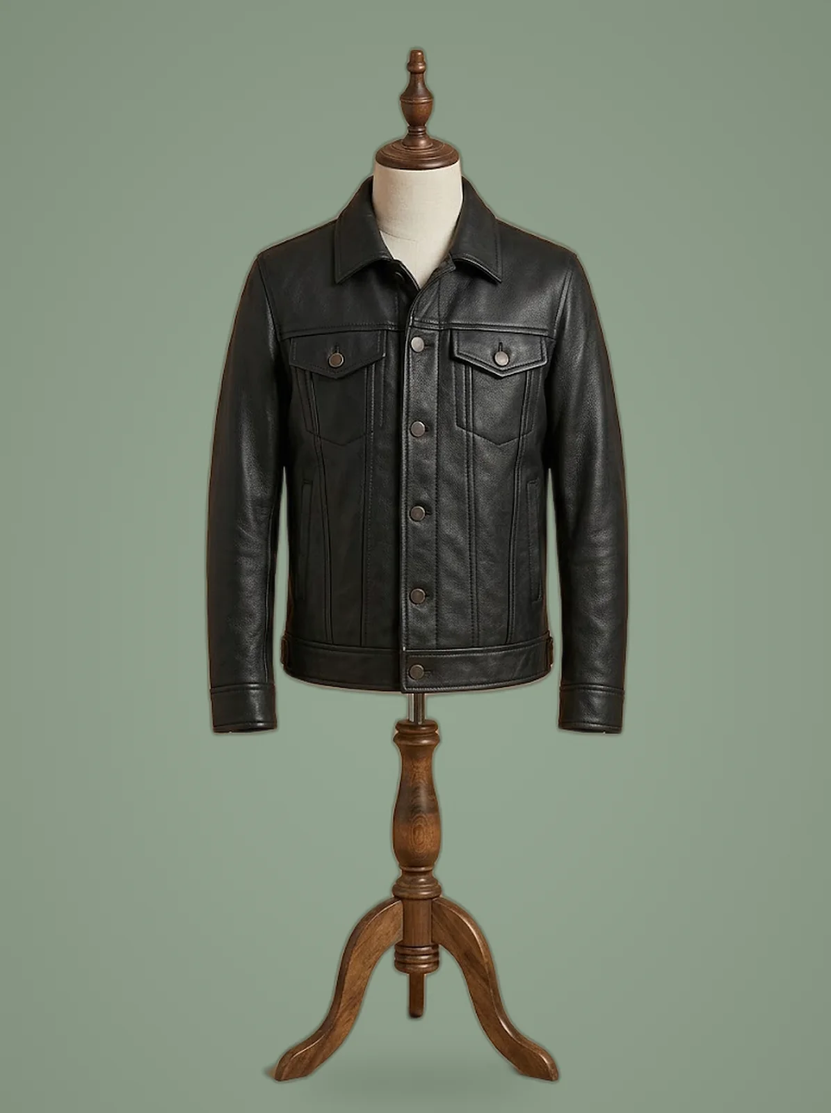 Premium Men’s Genuine Pebbled Black Leather Trucker Jacket, front view