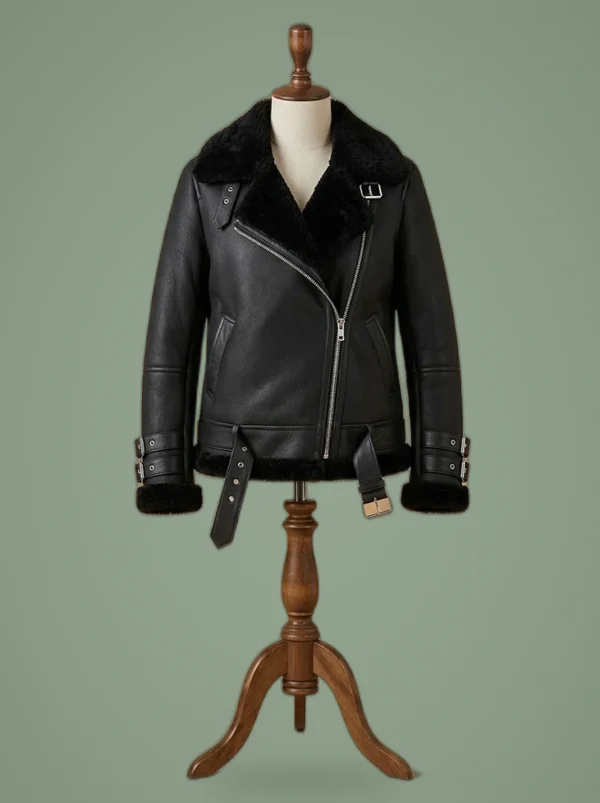 Reacher S02 Serinda Swan Shearling Black Leather Jacket, front view