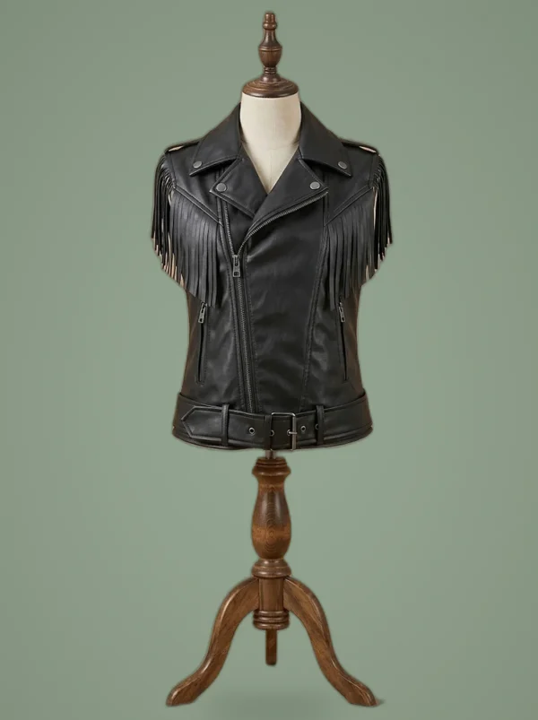 Women Biker Cafe Racer Slim fit Fringes Brando Motorcycles Black Leather Vest, front view