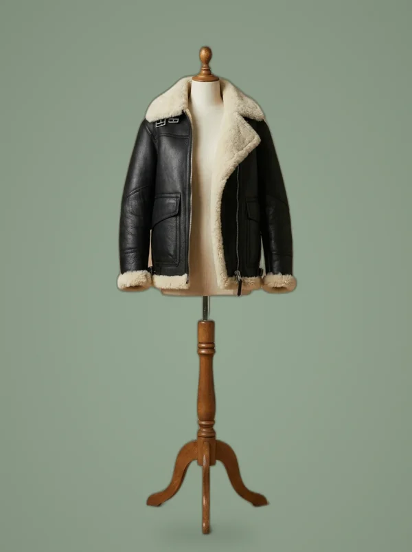Women’s B3 Bomber Aviator Real Fur Sheepskin Shearling Black Leather Jacket, front view
