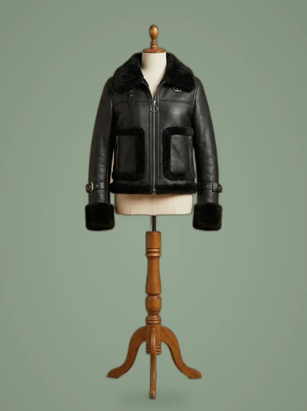Women’s B3 Bomber Pilot RAF Aviator Sheepskin Shearling Black Leather Jacket, front view
