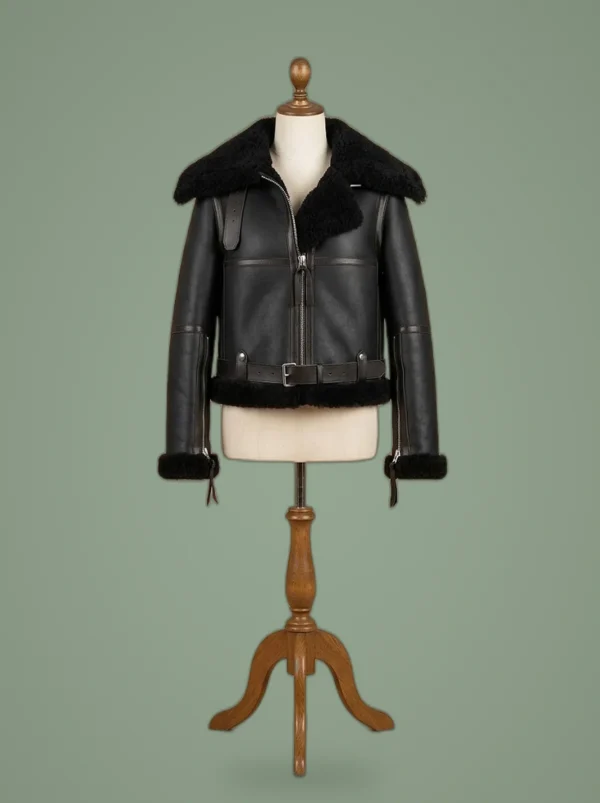 Women’s B6 Bomber Aviator Real Fur Sheepskin Shearling Black Leather Jacket, front view