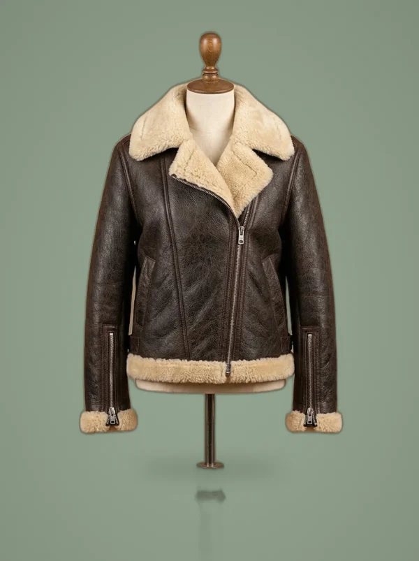 Women’s B6 Bomber Aviator Real Fur Sheepskin Shearling Dark Brown Leather Jacket, front view