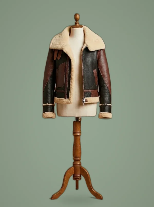 Women’s B6 Bomber Pilot USAF Aviator Sheepskin Shearling Dark Brown Leather Jacket, front view