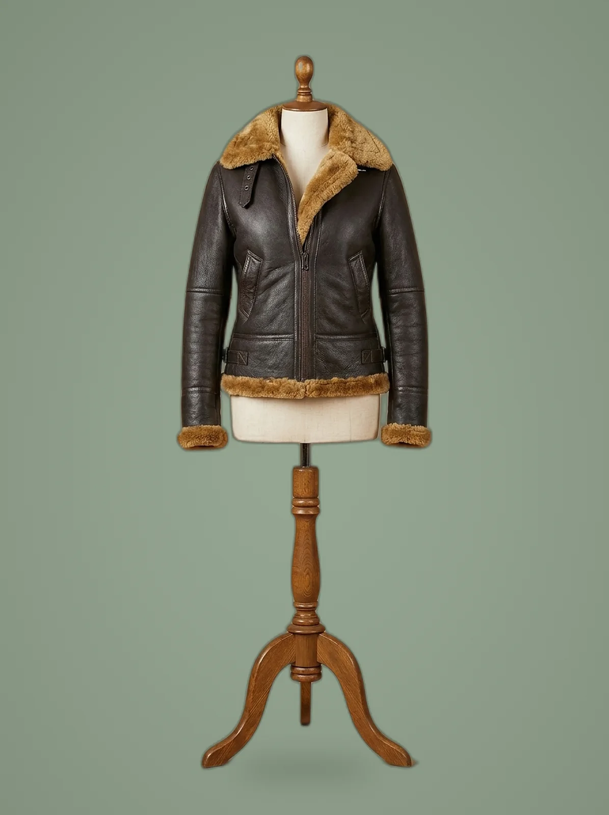 women B3 brown shearling bomber jacket front view