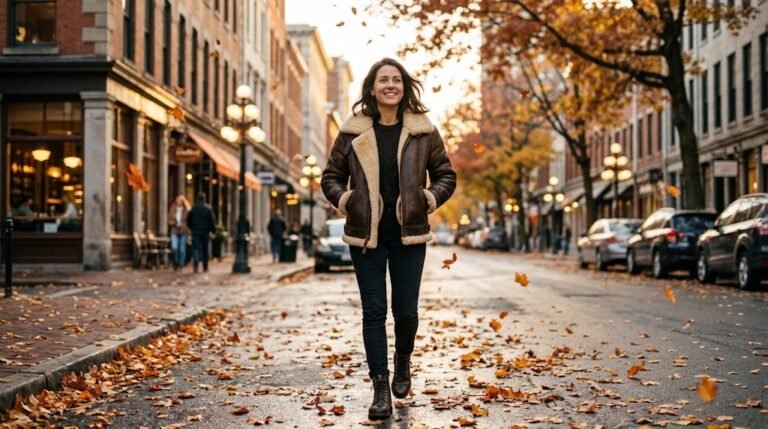 Woman in a brown shearling jacket with a wool collar on an autumn street