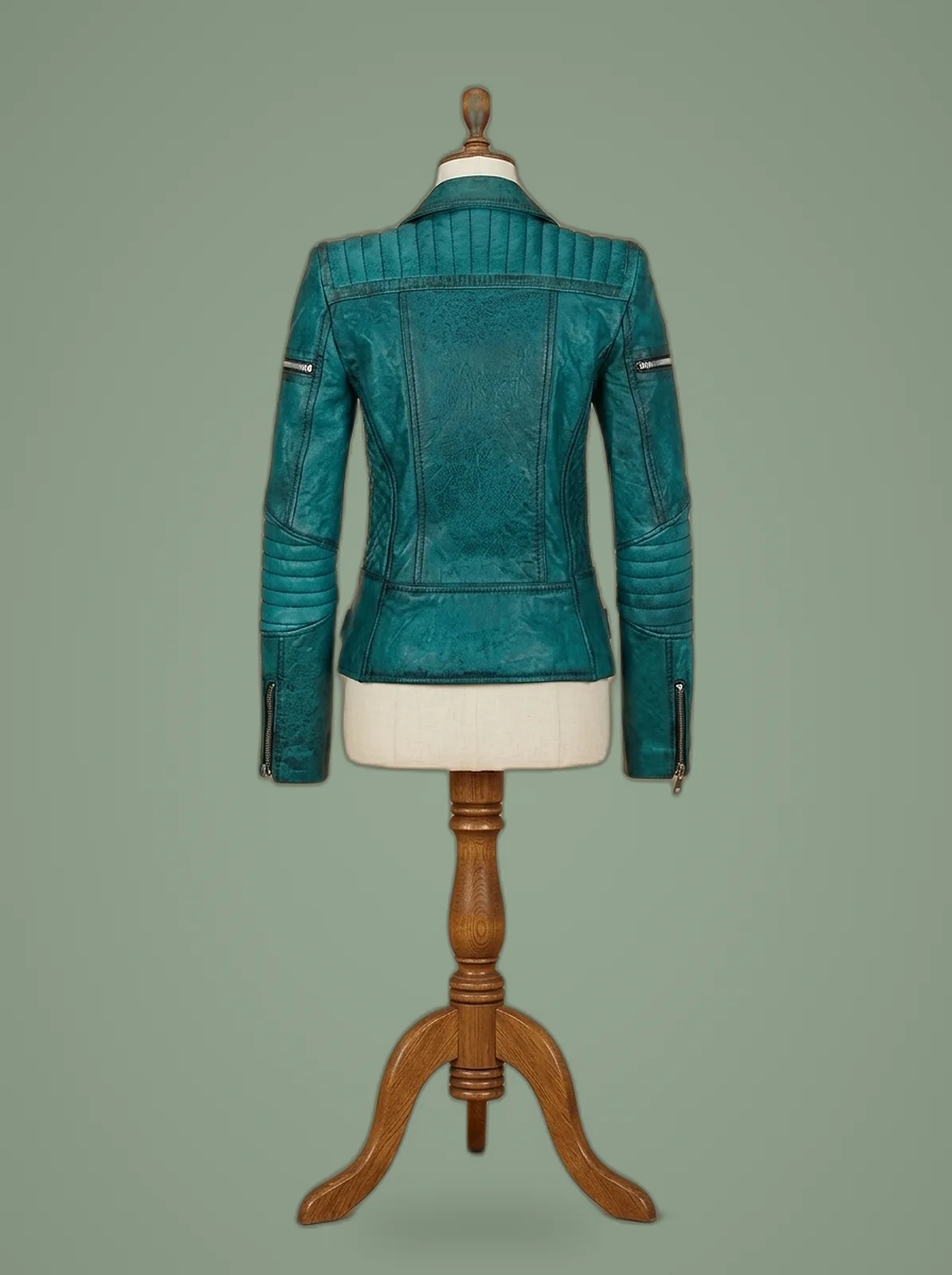 quilted moto teal leather jacket back view