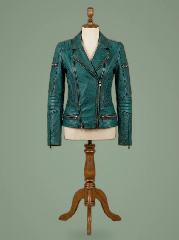 Women’s Slim Fit Diamond Quilted Moto Teal Leather Jacket, front view