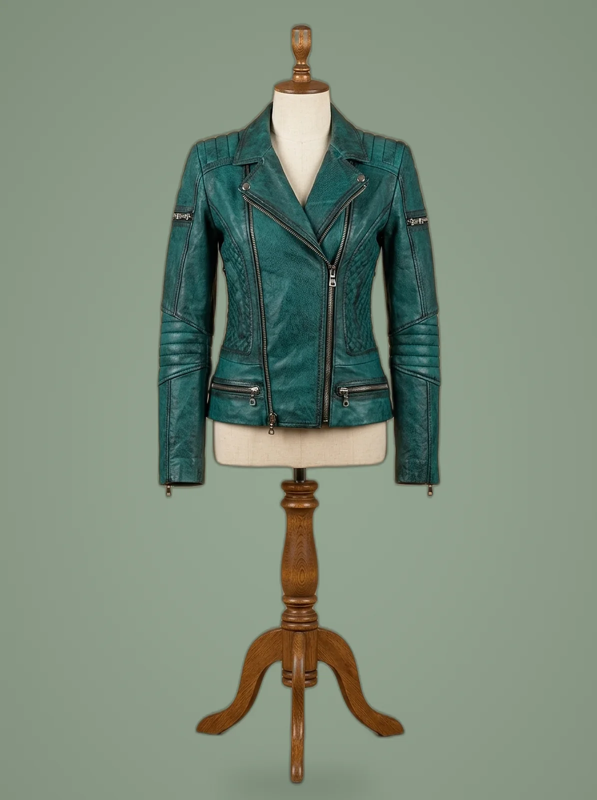 quilted moto teal leather jacket front view