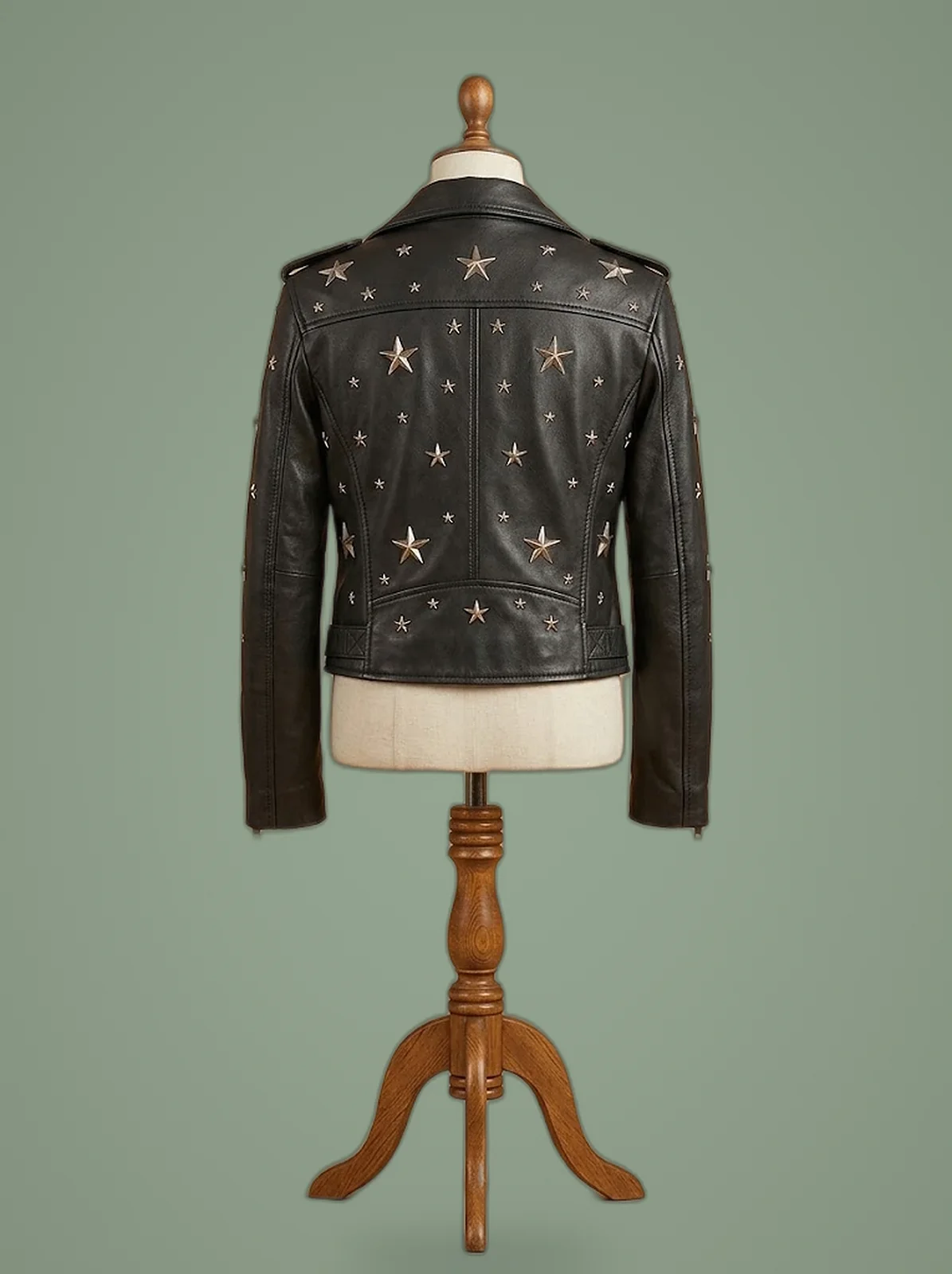 biker cropped black leather jacket back view