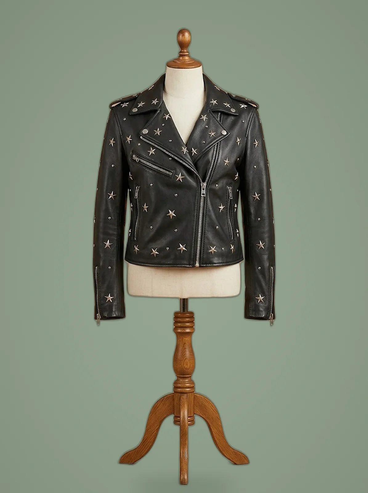 biker cropped black leather jacket front view